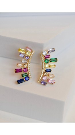 Brincos Earcuff zirconias coloridas dourado